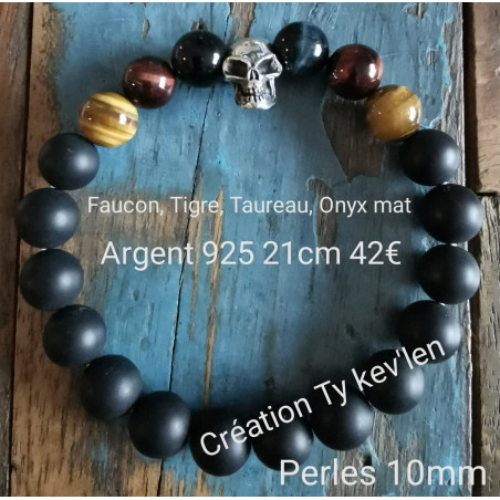 Bracelet onyx mat, oeil de tigre, oeil de faucon et oeil de taureau